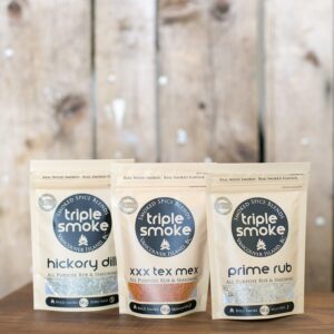 three smoked spice blends in brown bags in saskatoon gift shop. food and drink gifts for men