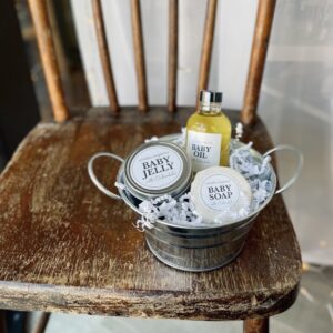 welcome baby gift box with all natural bath and body products in tin basket canadian made baby gifts saskatoon