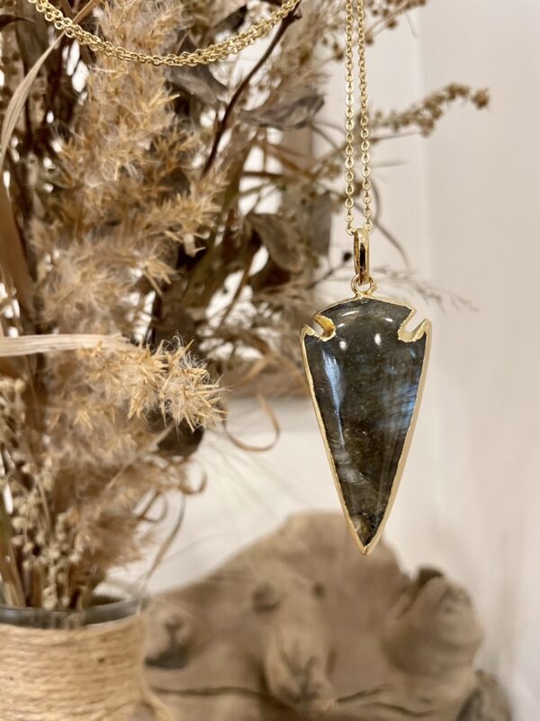 labradorite necklace. arrowhead shaped pendant on gold chain