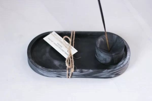 concrete Incense holder with ash catch tray - black - handmade in canada