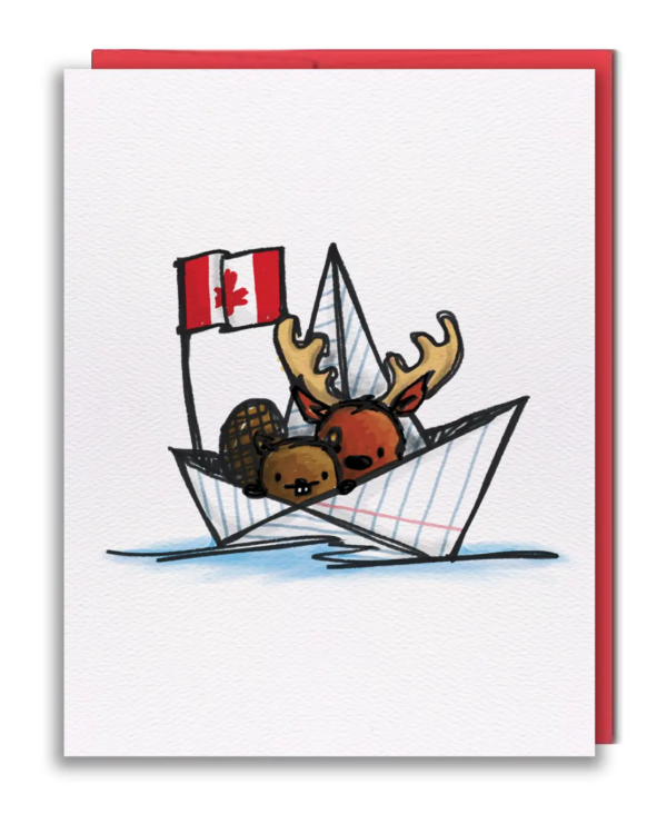beaver and moose in paper boat with canadian flag greeting card
