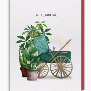green baby pram with plants hello little one greeting card