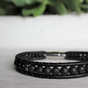 Mens lava bead leather bracelet black