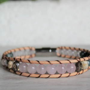 gemstone and leather bracelet with rose quartz