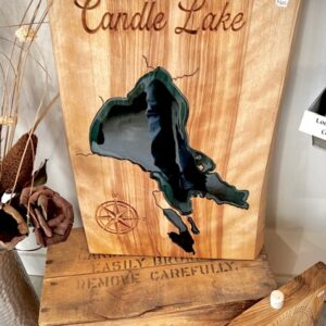 candle lake wood and epoxy lake map with cribbage board crib board