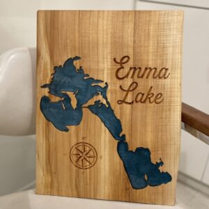 Emma Lake Map on one inch thick wood slab with compass engraving.