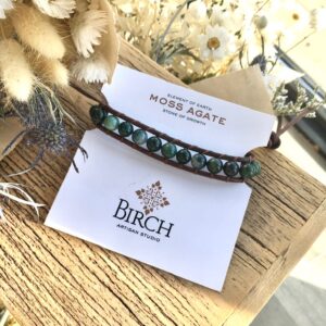 moss agate gemstone in beaded leather bracelet - single wrap unisex jewelry