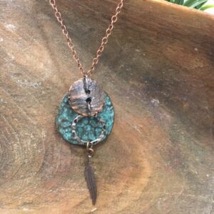 brass disk and feather necklace with turquoise one of a kind