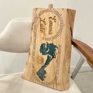 solid wood cribbage game board with emma lake made in saskatoon