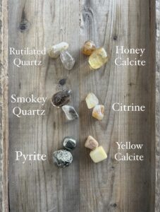 gemstones: quartz, citrine, pyrite, yellow calcite and honey calcite