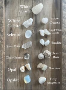 a collection of white tumbled crystals