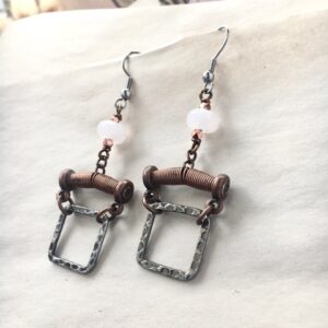 copper square dangle earring with light pink bead