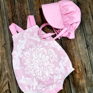 Light pink lace patterned romper with matching bonnet - Saskatoon