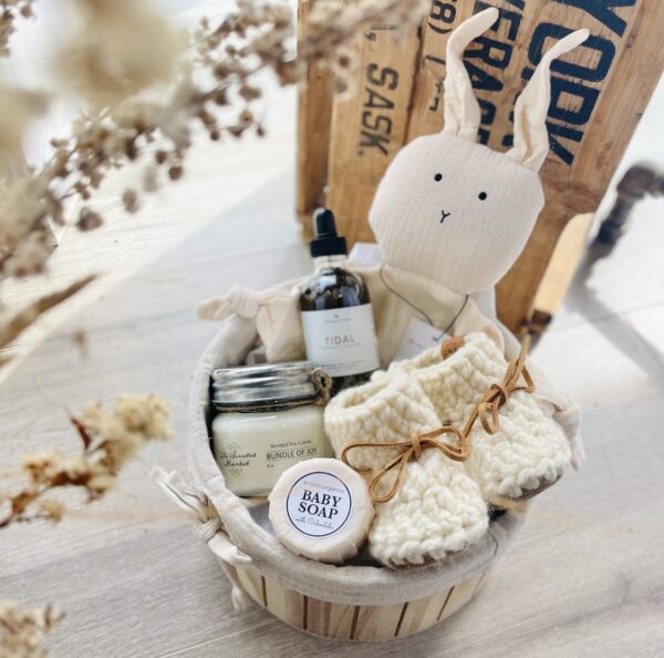 new baby gift basket with gender neutral canadian made items