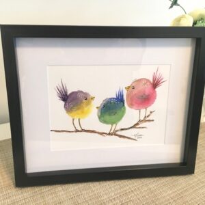 Watercolour painting in frame - Three colourful birds on branch - local artist