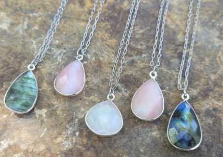 teardrop shaped gemstone necklace - pendant on stainless steel chain - short silver layering necklaces saskatoon