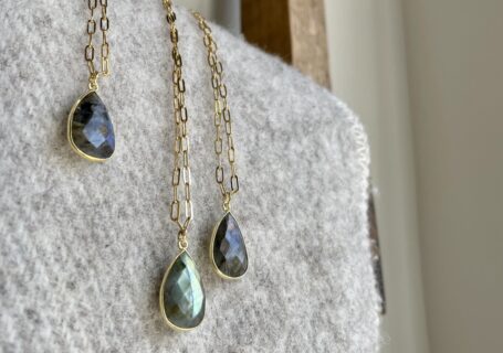 teardrop shaped gemstone pendant on gold plated chain - labradorite