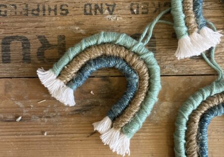 miniature macrame rainbows, wall hanging, car charms, keychains - made in canada green and blue