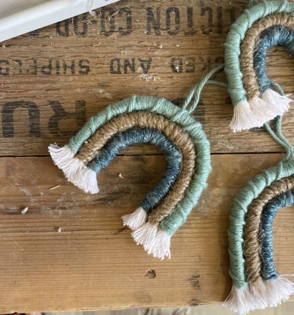 miniature macrame rainbows, wall hanging, car charms, keychains - made in canada green and blue
