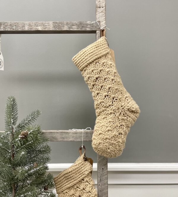 handmade crochet knit christmas stocking - tan