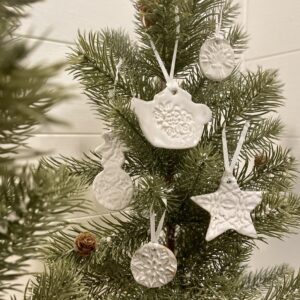 handmade ceramic pottery christmas ornaments - teapot, star, snowman, wheat, snowflake - white