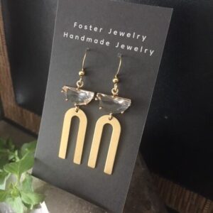 Modern Brass arch dangly Earring with glass saskatoon - festive, statement, large, holiday, wedding, going out