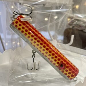 handmade wood fishing poppers - saskatchewan fishing - gifts for men - red and yellow tube