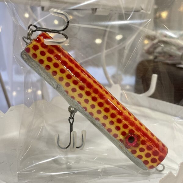 handmade wood fishing poppers - saskatchewan fishing - gifts for men - red and yellow tube