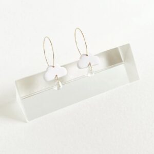 white clay cloud earrings with crystal drop on gold wire