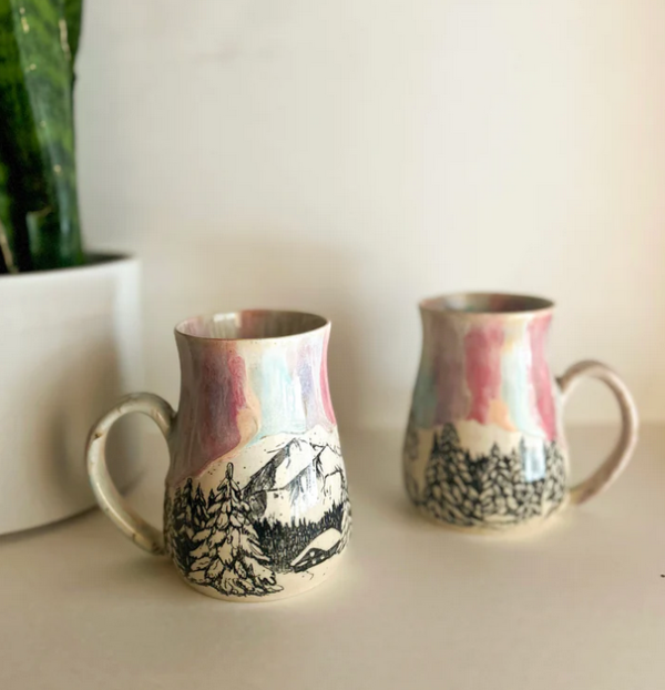 pink and blue drip northern lights inspired Pottery Mugs, handmade mugs saskatoon
