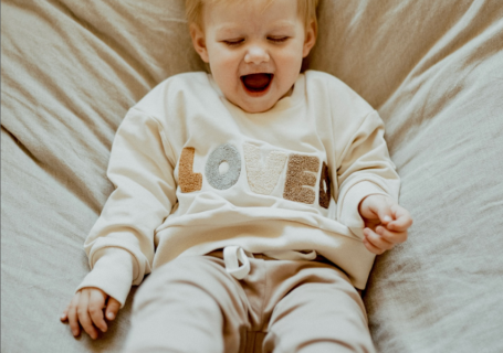 Kid's Crew Neck Sweatshirt - cream with loved - on model