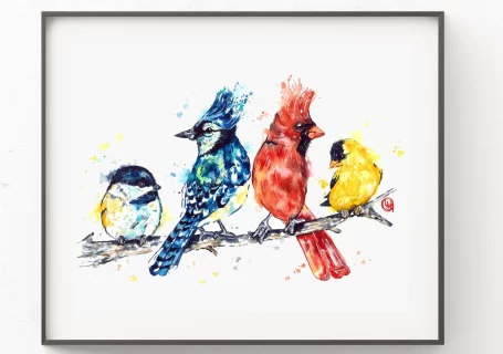 Watercolour Art Print - Cardinal, Blue Jay, Chickadee