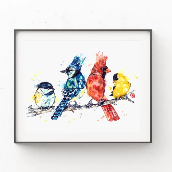 Watercolour Art Print - Cardinal, Blue Jay, Chickadee