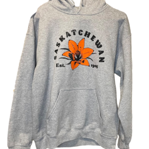 Saskatchewan souvenir bunnyhug | est 1905 | tiger lily western red lily | grey hoodie apparel