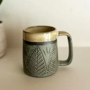 Carved Leaf Pottery Mug