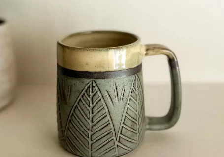 Carved Leaf Pottery Mug