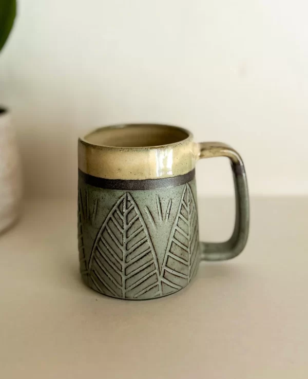 Carved Leaf Pottery Mug