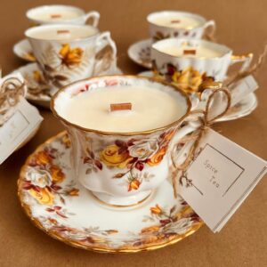 Wood Wick Candle in a Tea Cup - Scented with Essential Oils.